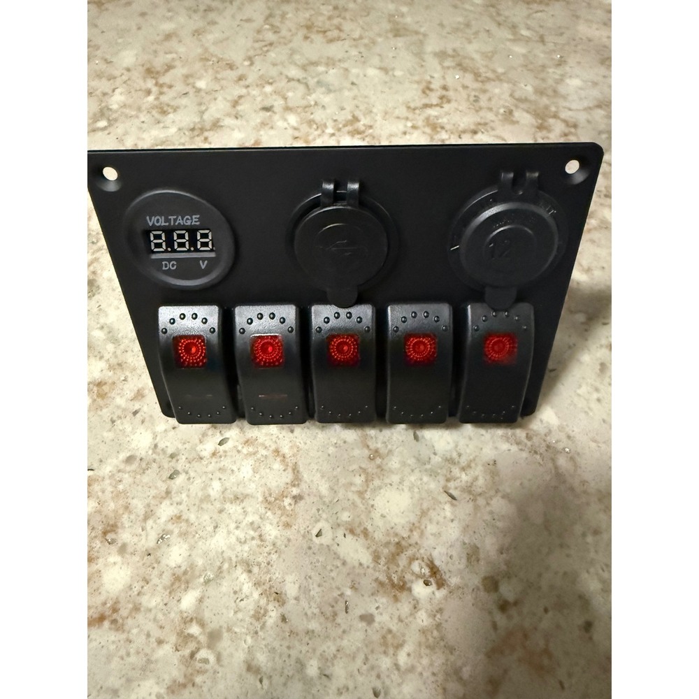 Garfour Waterproof 5 Gang Rocker Switch Panel Voltmeter USB‎ 12V Marine RV Black